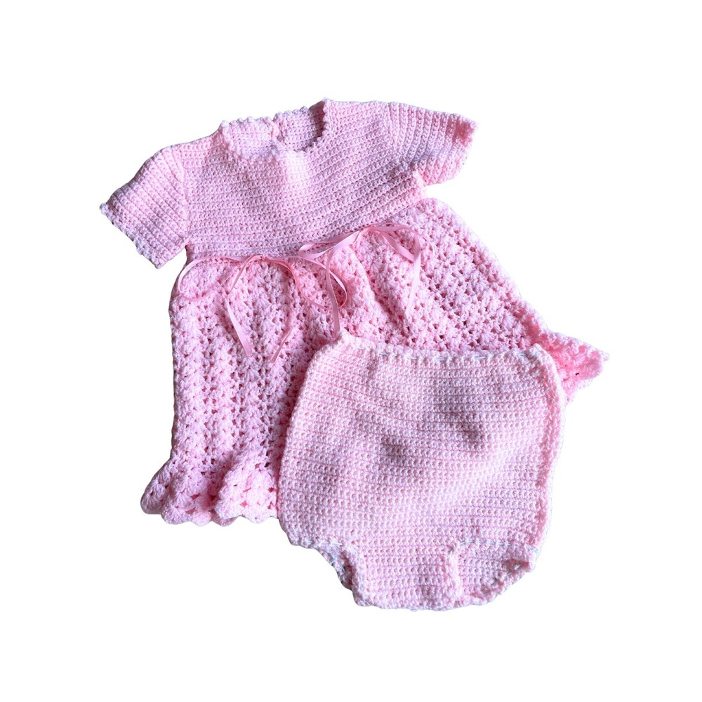 Beautiful Vintage Style Pink‎ Handmade Crochet Baby Girl Outfit Dress